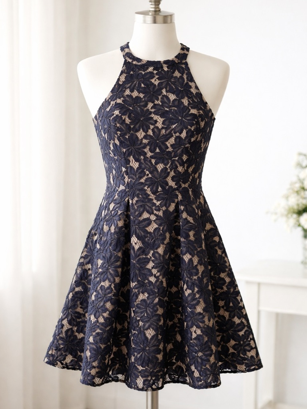 Alta’rd State Navy Lace Halter Fit & Flare Dress Small Party Cocktail.